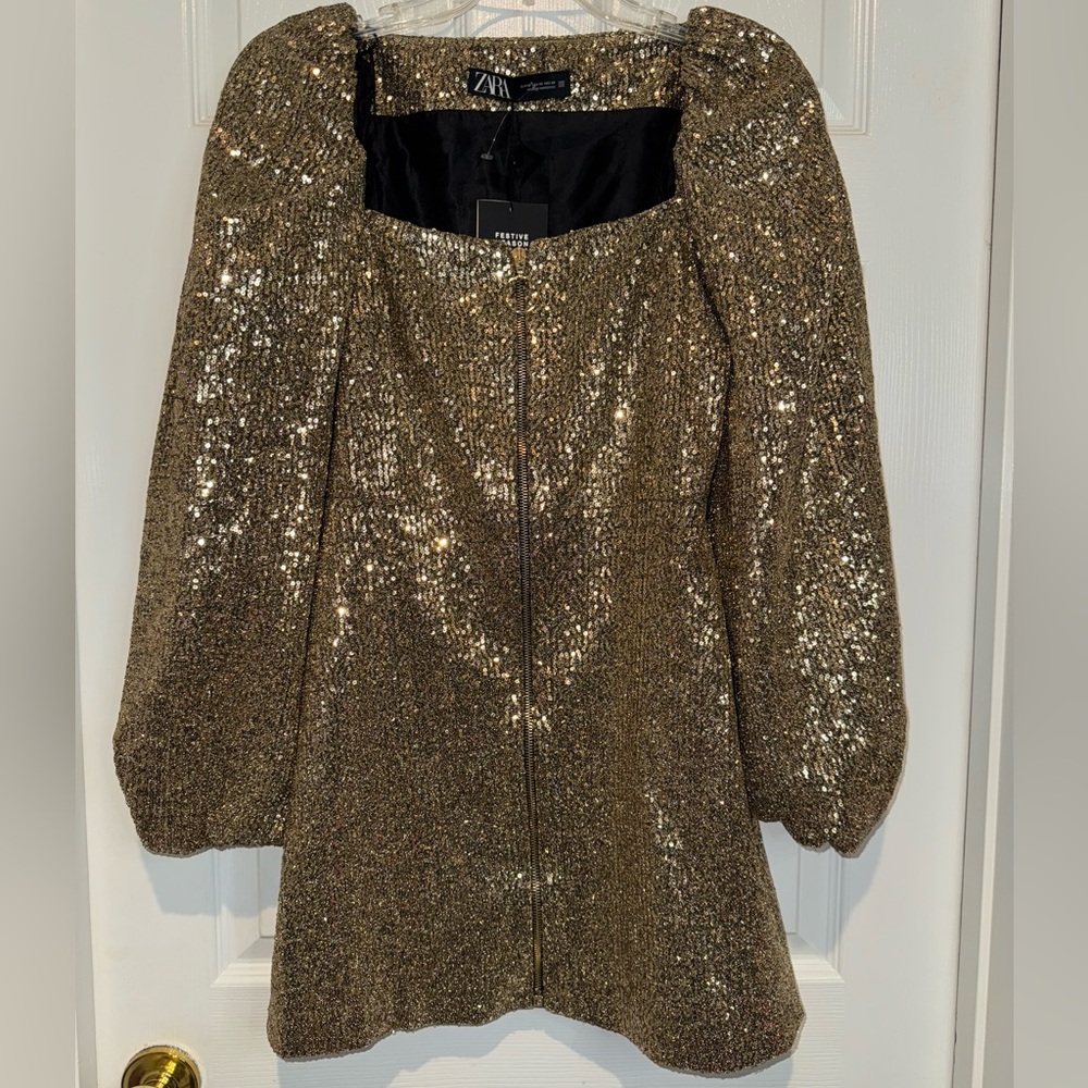 Zara Gold Long Sleeve Sequin Mini Dress. Size XS. NWT